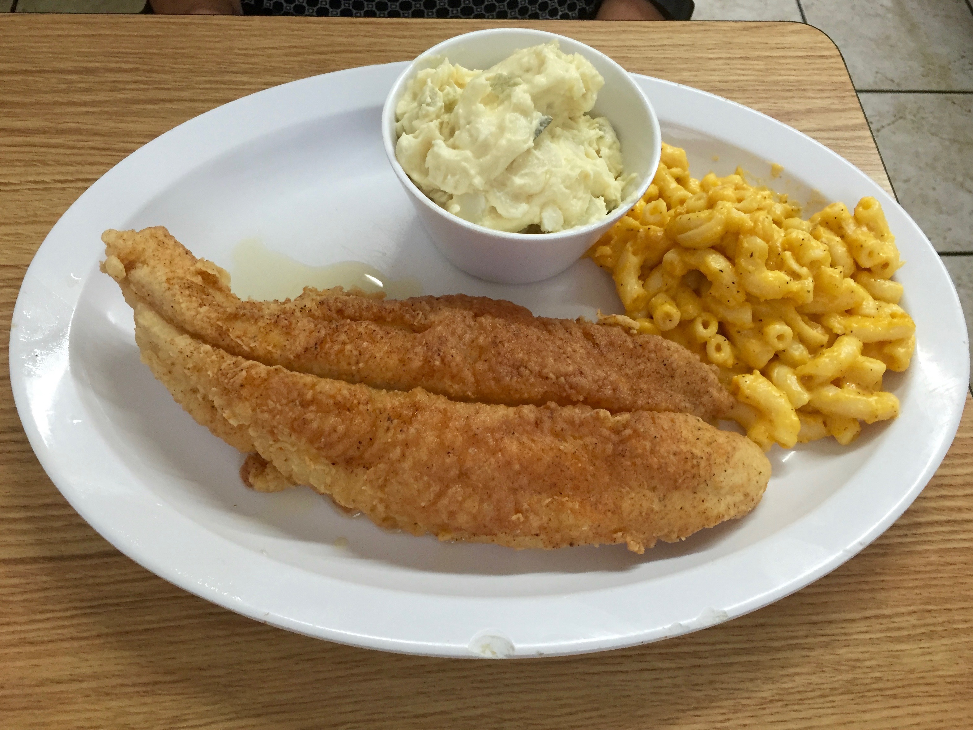catfish with potato salad and mac-and-cheese
