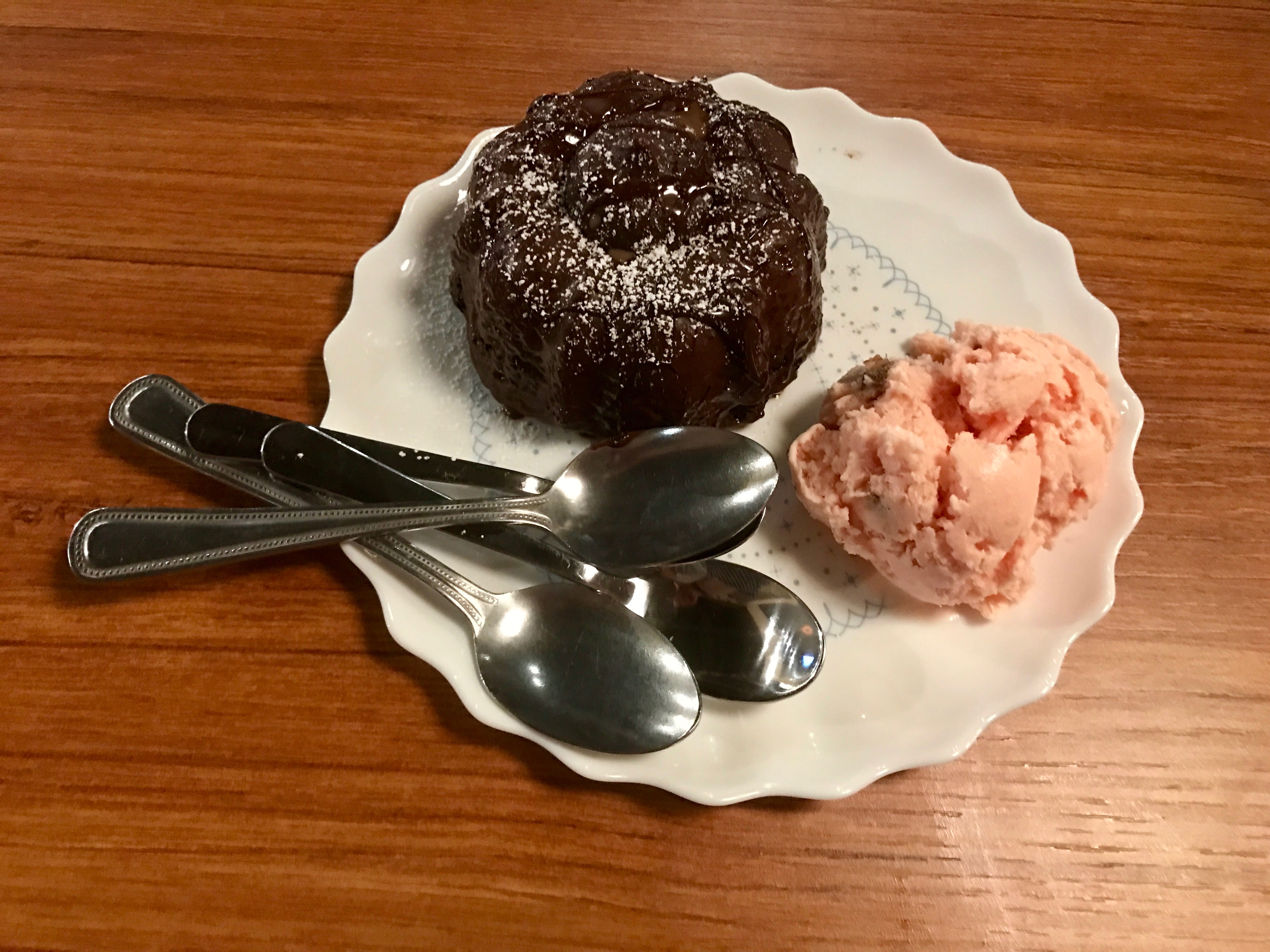 chocolate lave cake with plum ice cream