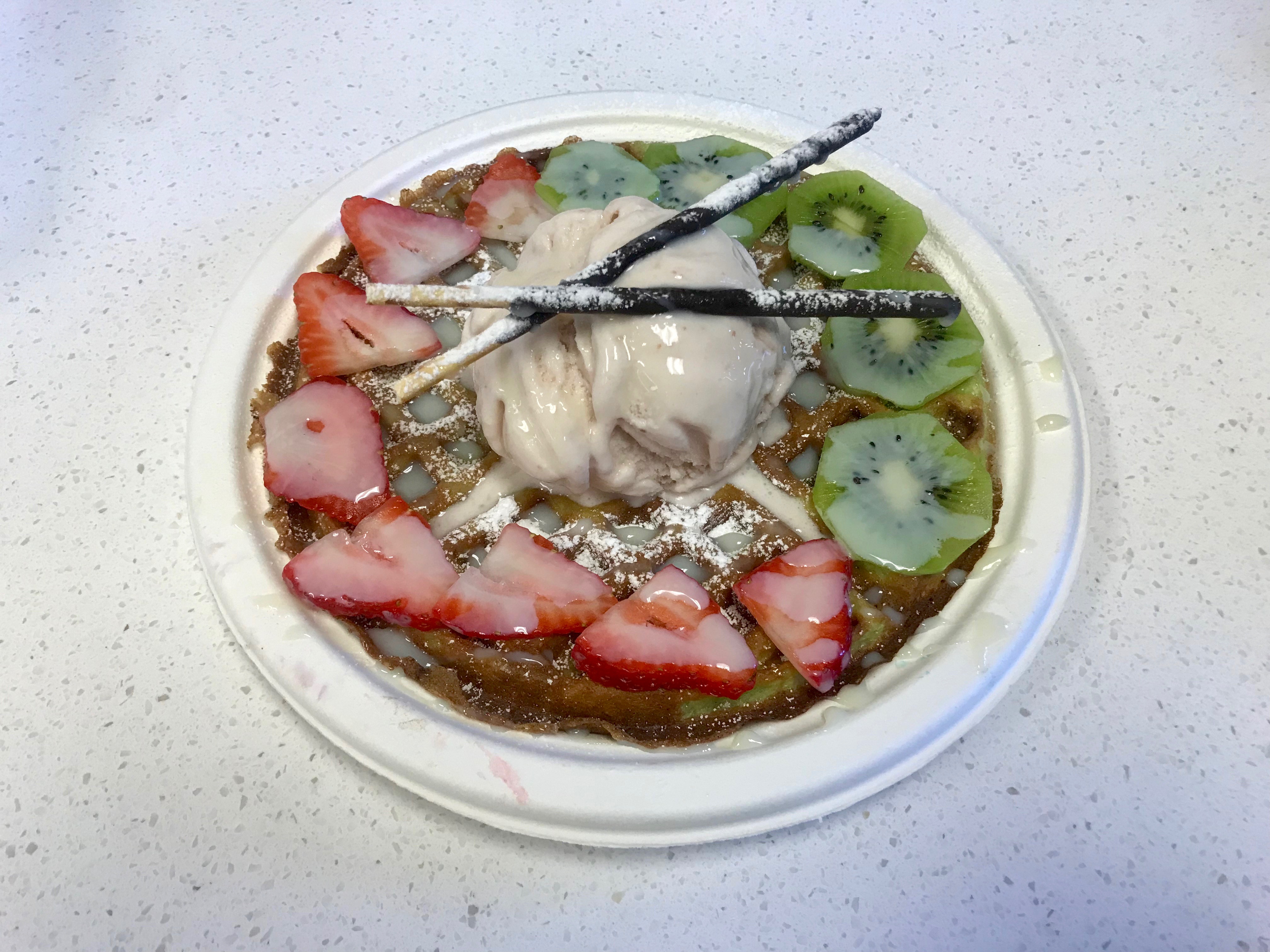 pandan waffle with strawberry ice cream
