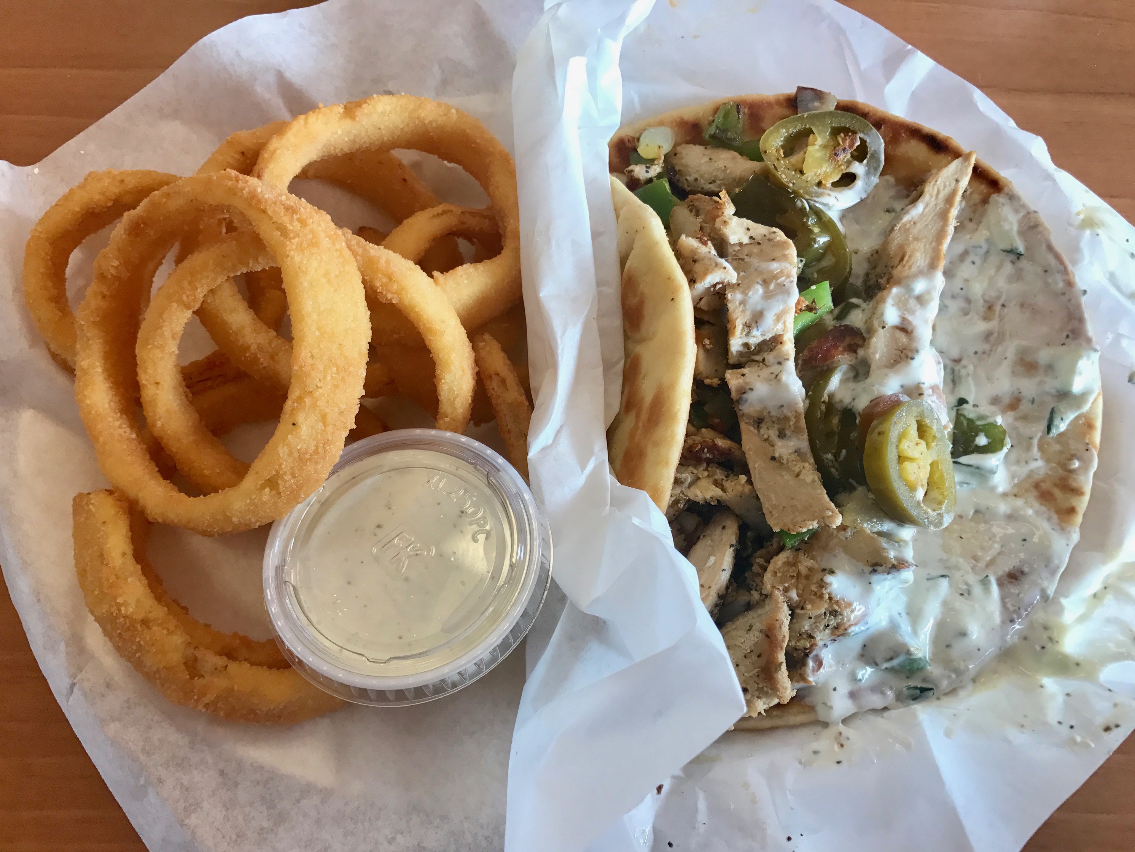 chicken picado pita with onions rings