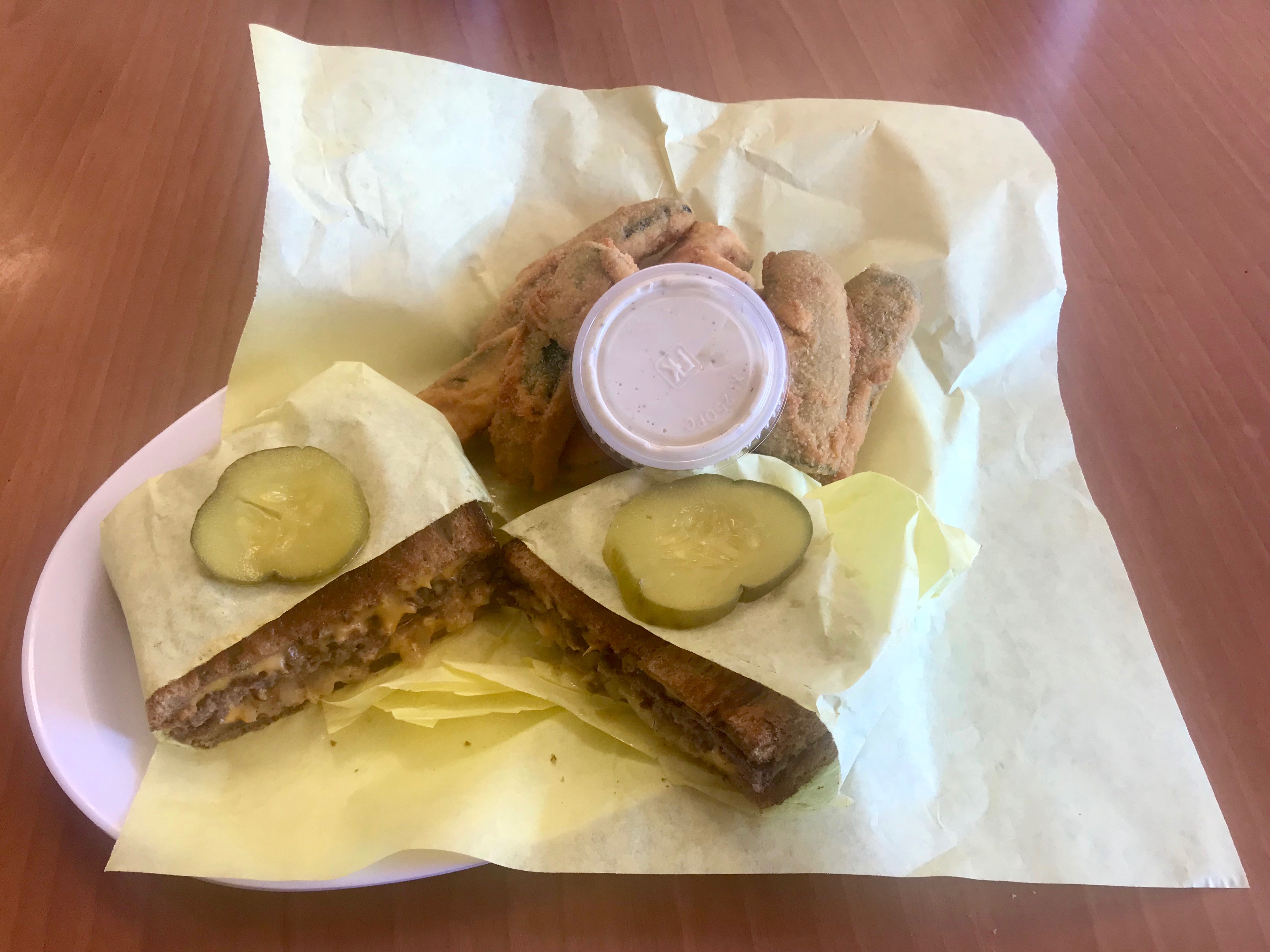 patty melt with fried zucchini