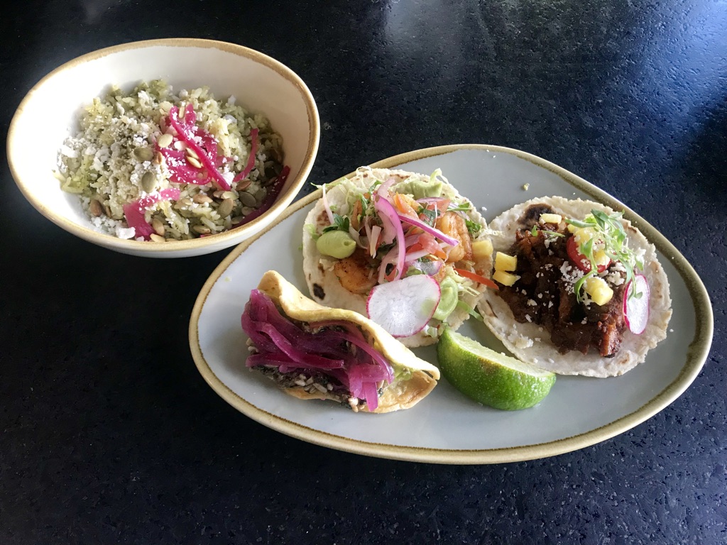 diablo shrimp, al pastor, and avocado tacos with verde rice