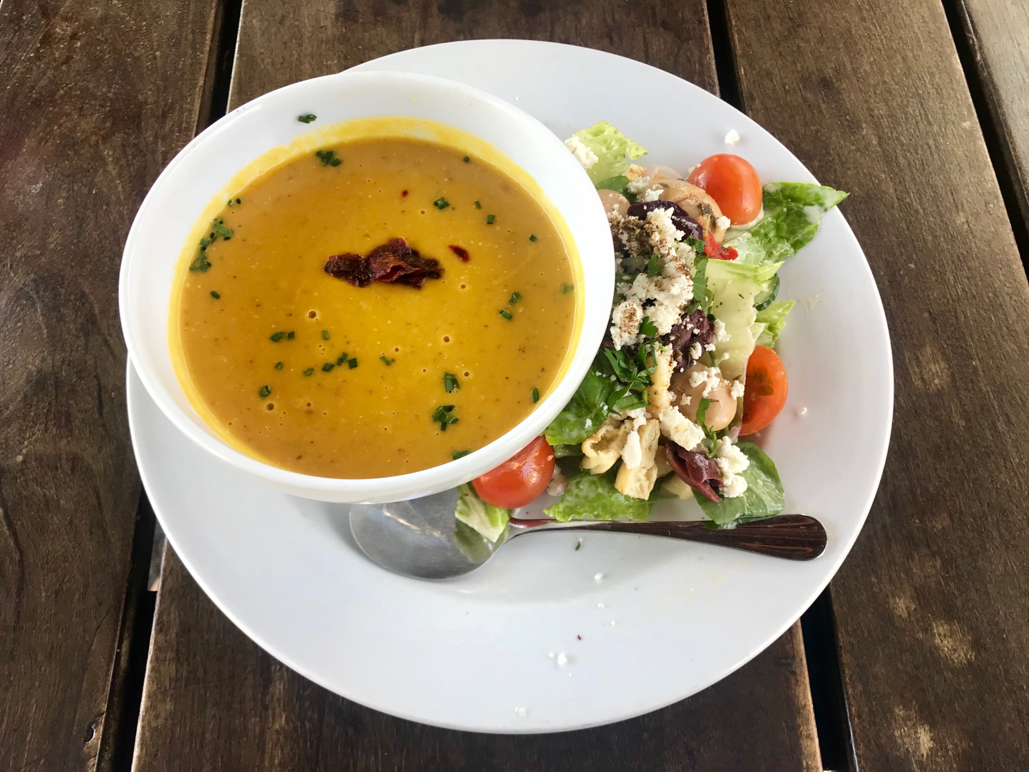 curry coconut carrot soup with fattoush salad