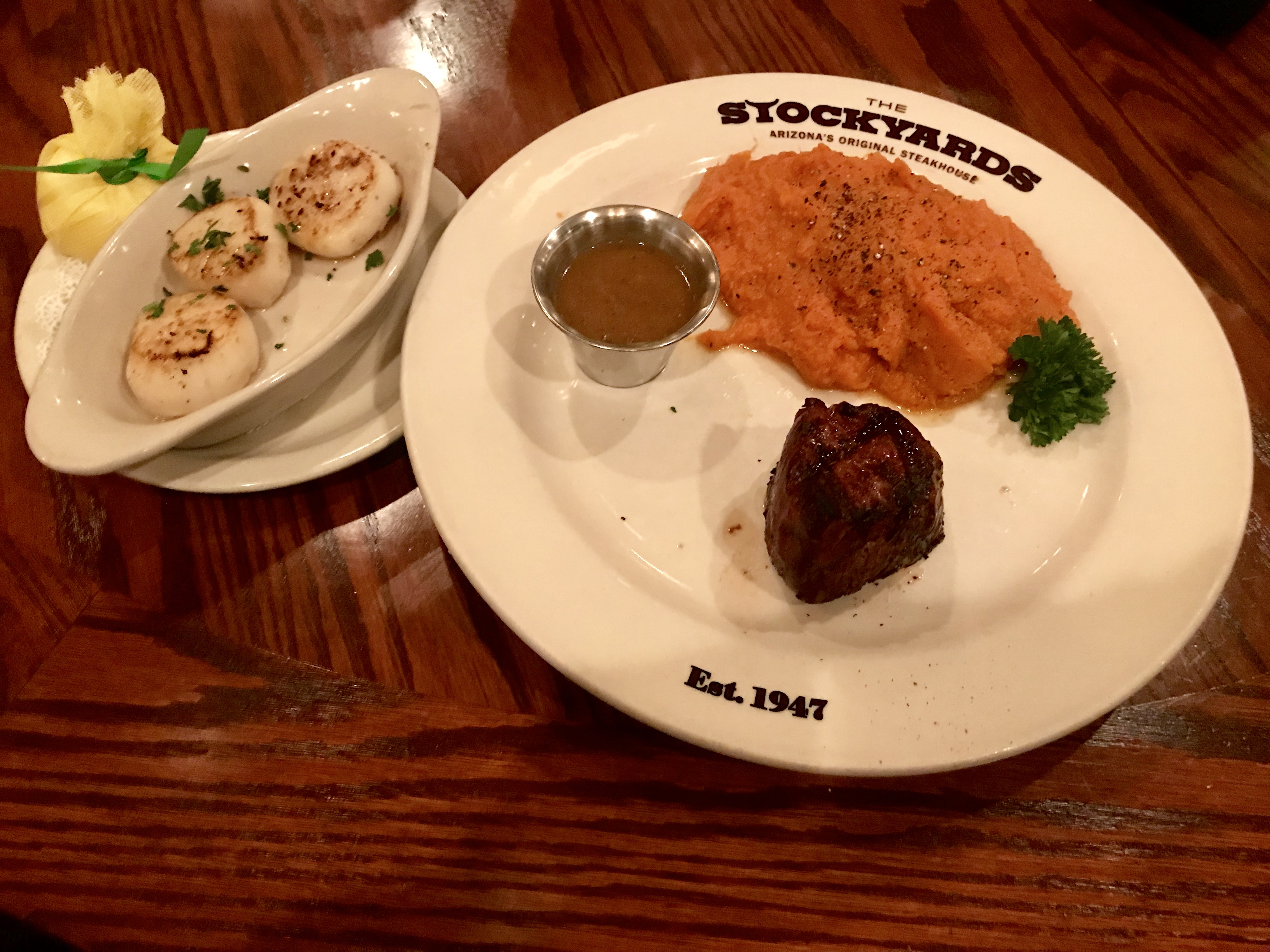 five-ouce filet migon with scallops and sweet potato mash