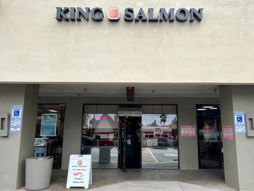 storefront of King Salmon with an overhead sign identifying the restaurant